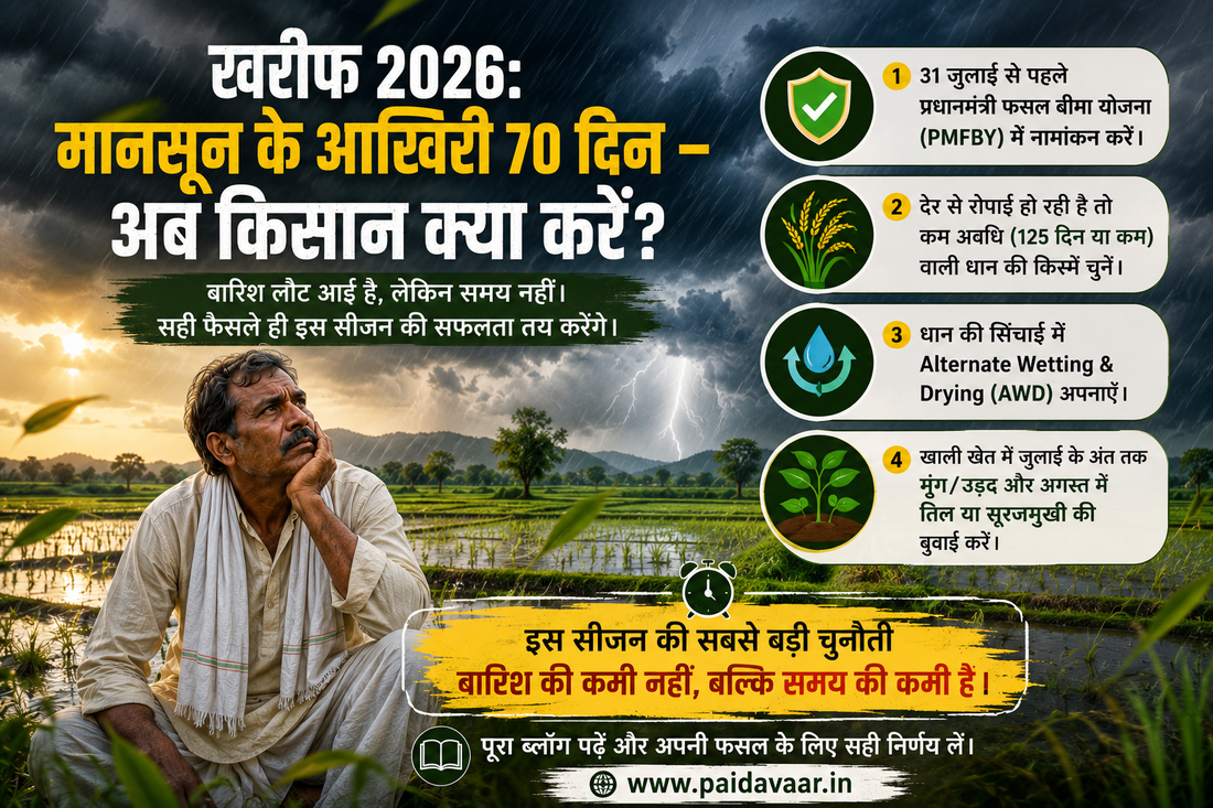 Cracked dry paddy field in Bihar during the 2026 monsoon deficit, with paddy seedlings waiting at the field edge