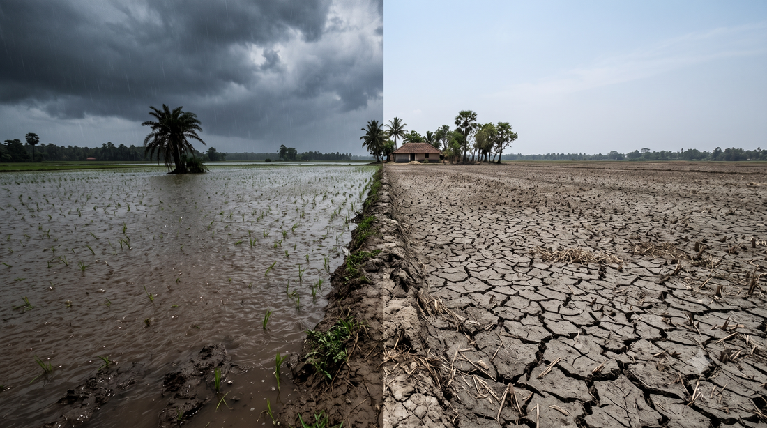Split image showing flooded farmland in South Gujarat and a dry cracked field in interior Karnataka during the 2026 monsoon